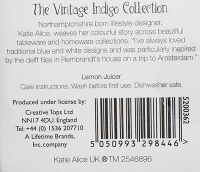 The package label on a Katie Alice blue and white Lemon Juicer