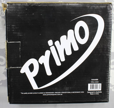 The box for a white Primo 1 piece ceramic juicer