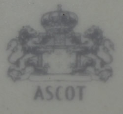 Basemark and label on an Ascot town scene blue & white ceramic juicer 