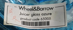 Label on a Wheel&Barrow Chinese blue glass ribbed juicer