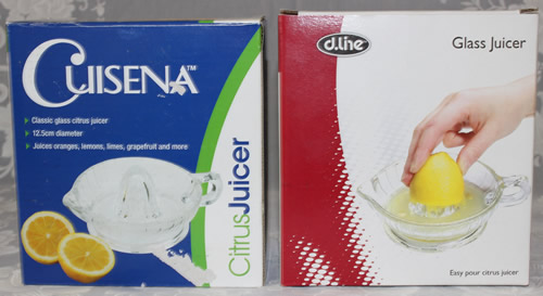 The boxes for the Cuisena and d.line clear glass loop handle juicer