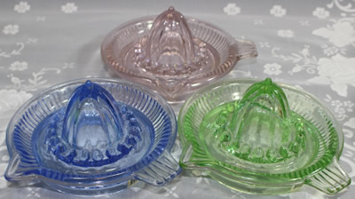 3 colours of the Chinese reproduction glass juicers sold by Woolworths (Australia) in 2006