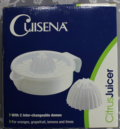 The box for a Cuisena 3 piece off white plastic juicer