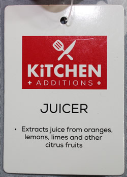 The label on a red Kitchen Additions plastic juicer 