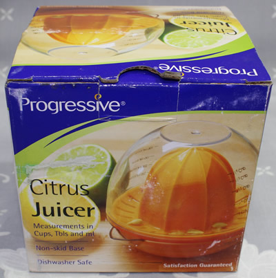 The box for an orange Progressive 3 piece plastic juicer 
