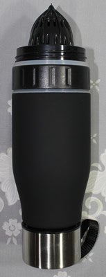 The black H2O Drink More Water plastic bottle with the juicer attached