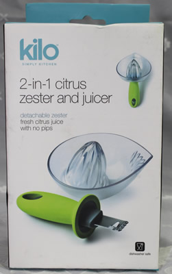The box for a Kilo 2 piece plastic juicer with zester