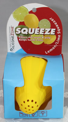 A packaged yellow Silicone Zone Squeeze juicer