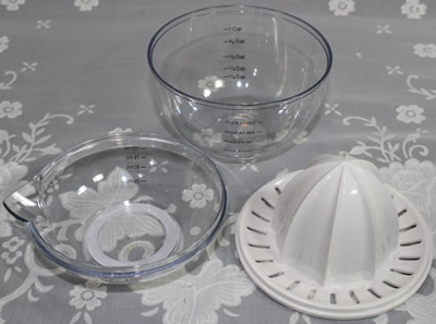 The 3 pieces of a Progressive plastic juicer set