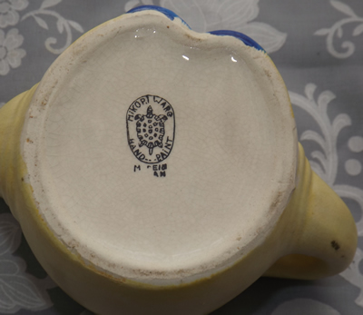 The base of a cream with blue, yellow and black clown juicer