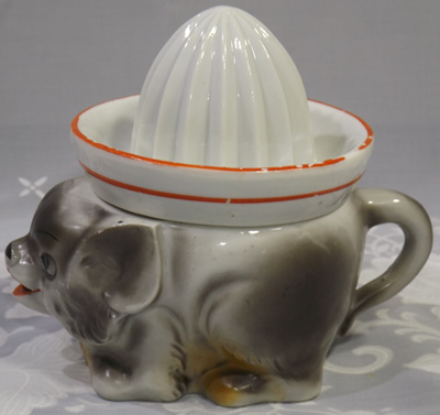 Side view of a grey dog with white juicer with red trim