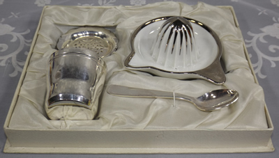  French boxed baby set with silver trim on white juicer