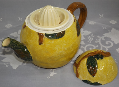 An open orange with brown leaves teapot juicer