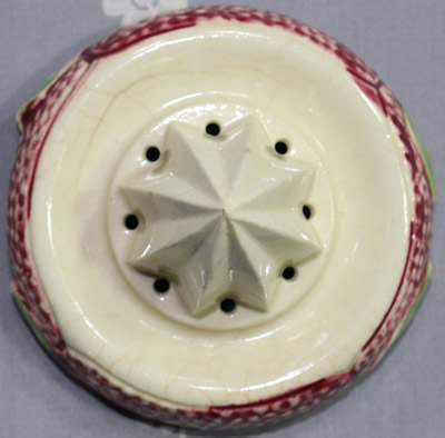 The reamer for a blue flowers on crimson, green leaves and brown handle juicer