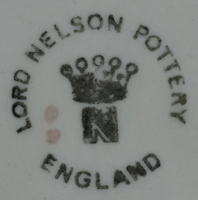 The basemark on a pink and white roses on a Lord Nelson Pottery juicer