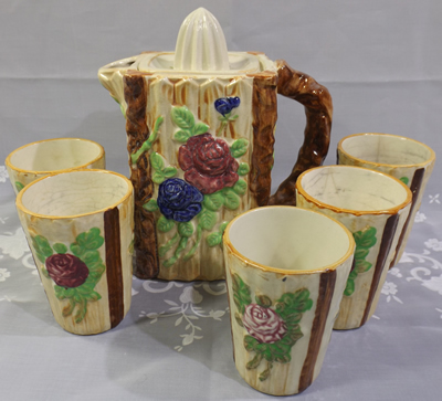 Japanese lemonade setwith blue and pink flowers, including tumblers