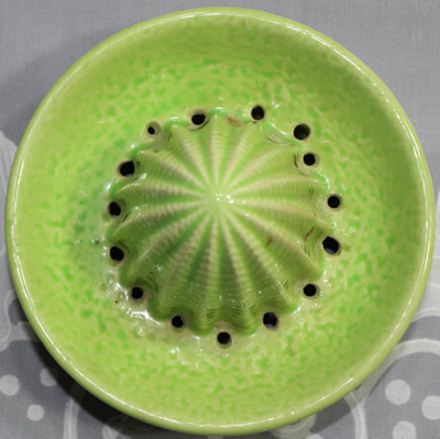 The reamer for a green with maroon flowers 2 piece ceramic juicer