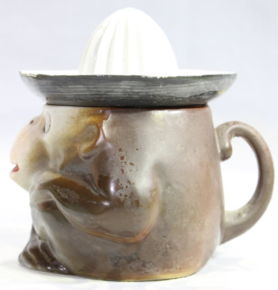 Side view of a dark brown monkey with black and white juicer