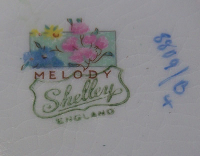 Basemarks on a Shelley pink and yellow flowers on blue Melody juicer