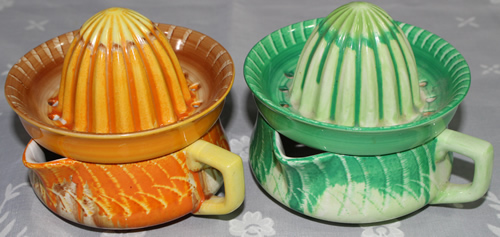 Two colours of Shelley scratched drip glaze juicers