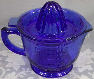 Back of Hazel Atlas cobalt blue glass jug and juicer