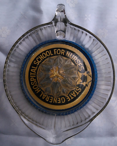 Top view of an Anchor Hocking STATE GENERAL HOSPITAL SCHOOL FOR NURSES juicer