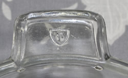 The embossed 'F' in a shield logo on a 5½" Federal Glass Co. clear glass juicer