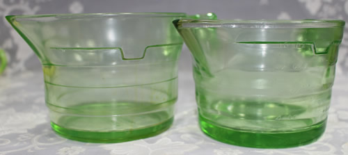 2 different U.S.Glass Co. Handy Andy Green glass juicer jugs