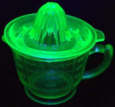 Hazel Atlas green glass jug and juicer under UV light