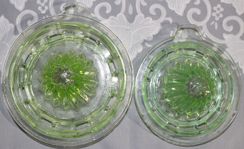 Showing the difference between this small green juicer top and the normal size Anchor Hocking or Hazel Altlas