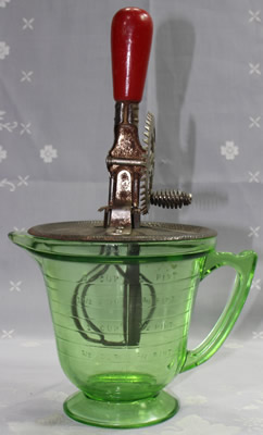 Hazel Atlas T & S HANDIMAID green uranium glass jug with a mixer