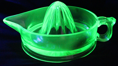 Cambridge Glass Company jug like green glass juicer under UV light 