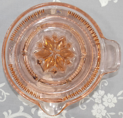 Pink Federal Glass Co tab handle juicer top view