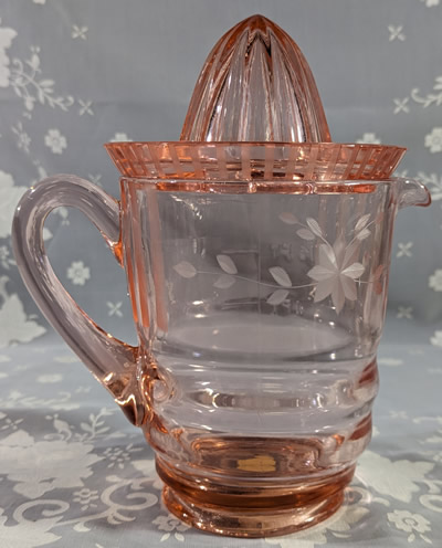 Etched pink Paden City Party Line juicer set
