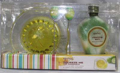 The boxed 'Margarita Set' with a yellow and clear glass saucer shape juicer 