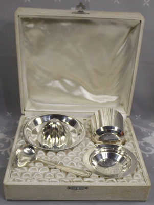 Open box for Silver plate juicer in French boxed baby set 