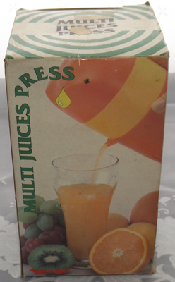 The box for a of maroon and cream push juicer