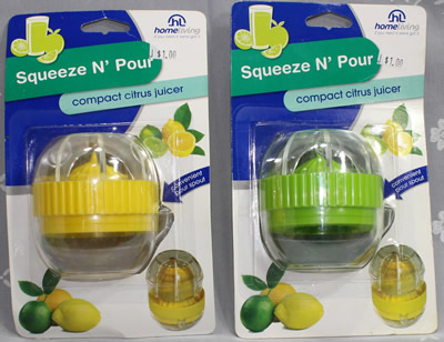 Packaged green and clear plastic as well as yellow and clear plastic 3 piece squeezer juicer 