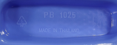 Embossed Made in Thailand base mark on a blue 2 cone plastic strainer juicer 