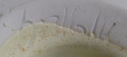 Label on Cream with brown highlights hand thrown pottery juicer with strap handle 