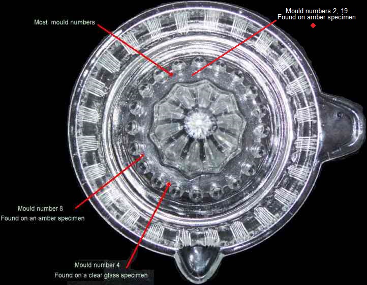 Research information the mould numbers embossed on the early lemon juicers made by Crown Crystal Glass Co. Ltd. (Australia)