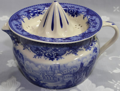 Ascot town scene on blue & white ceramic juicer