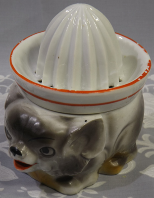Grey dog with white juicer with red trim