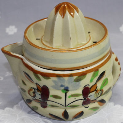 Pale and dark crimson flowers on beige ceramic juicer