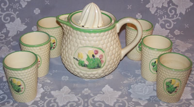 Beige with flowers and green band juicer with 6 tumblers