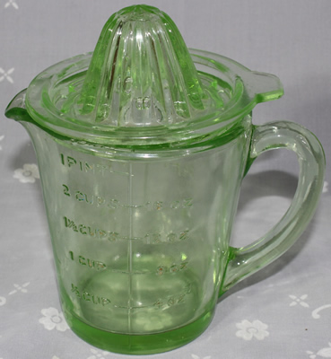 1 pint Crown Crystal green uranium glass juicer jug set