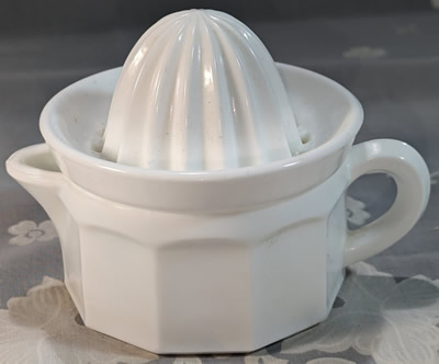 White milk glass glass Edna Barnes 2 piece reproduction juicer