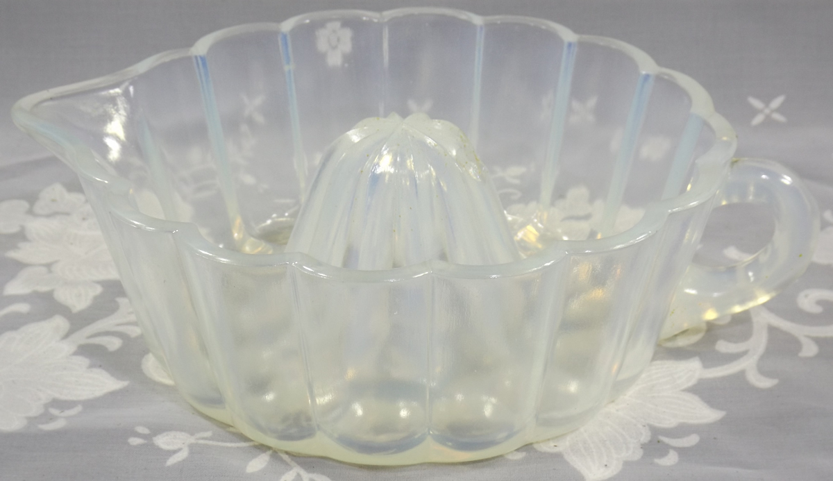 Opalescent H.C. Fry Company jelly mould or jello mold juicer