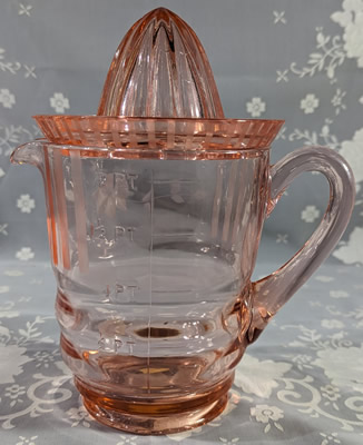Etched pink Paden City Party Line juicer set