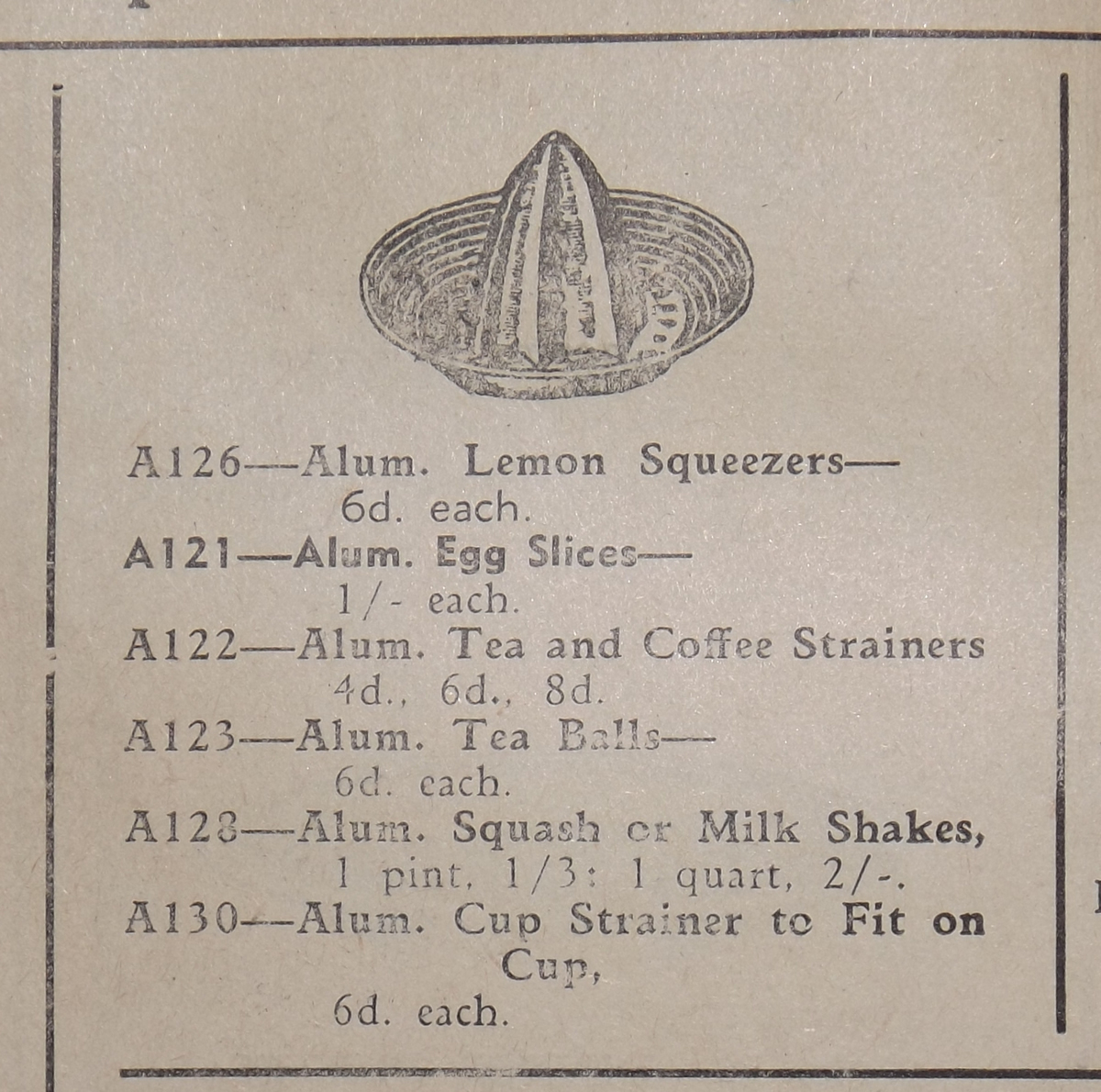 Aluminium juicer top - A listing from the 1938 Queensland Pastoral Supplies catalogue